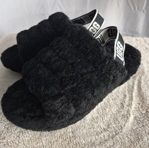 EUC Ugg Fluff Yeah Sling Back Slippers Sandals Womens Size 8 Black